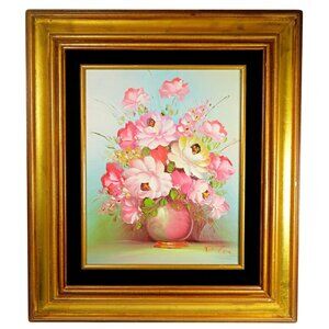 Robert Cox Signed 14x15" Framed Oil Painting Floral Still Life in Pink Vase